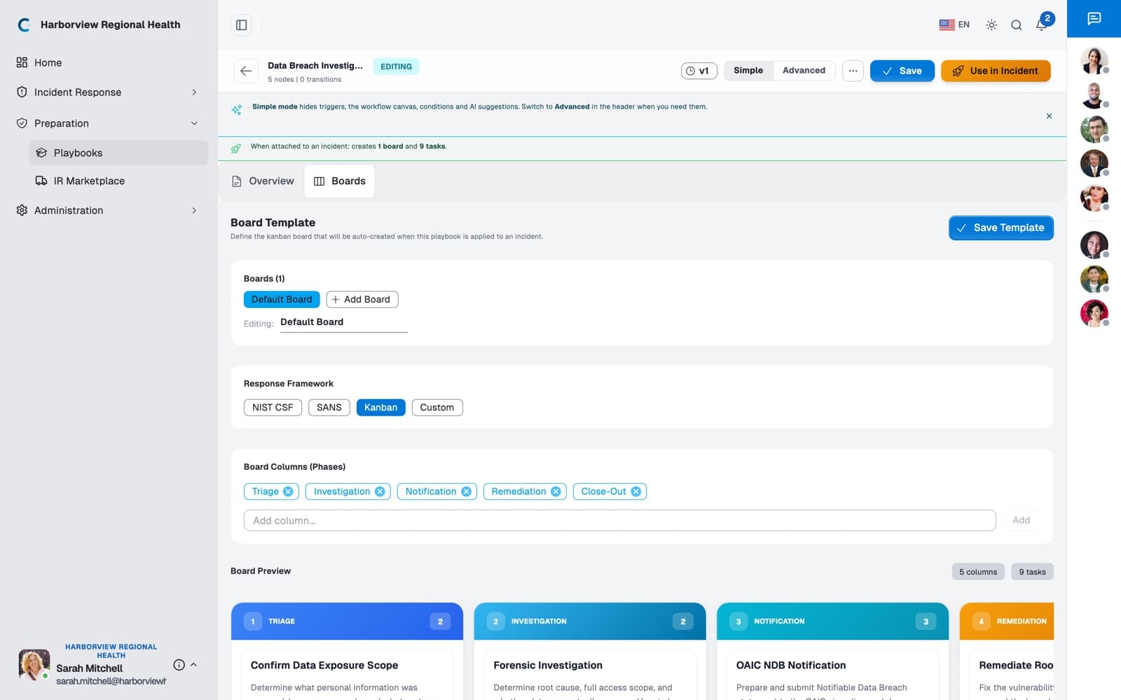 CyberGoBag playbook builder editing a Data Breach Investigation & Notification playbook, with a board template of Triage, Investigation, Notification, Remediation, and Close-Out columns