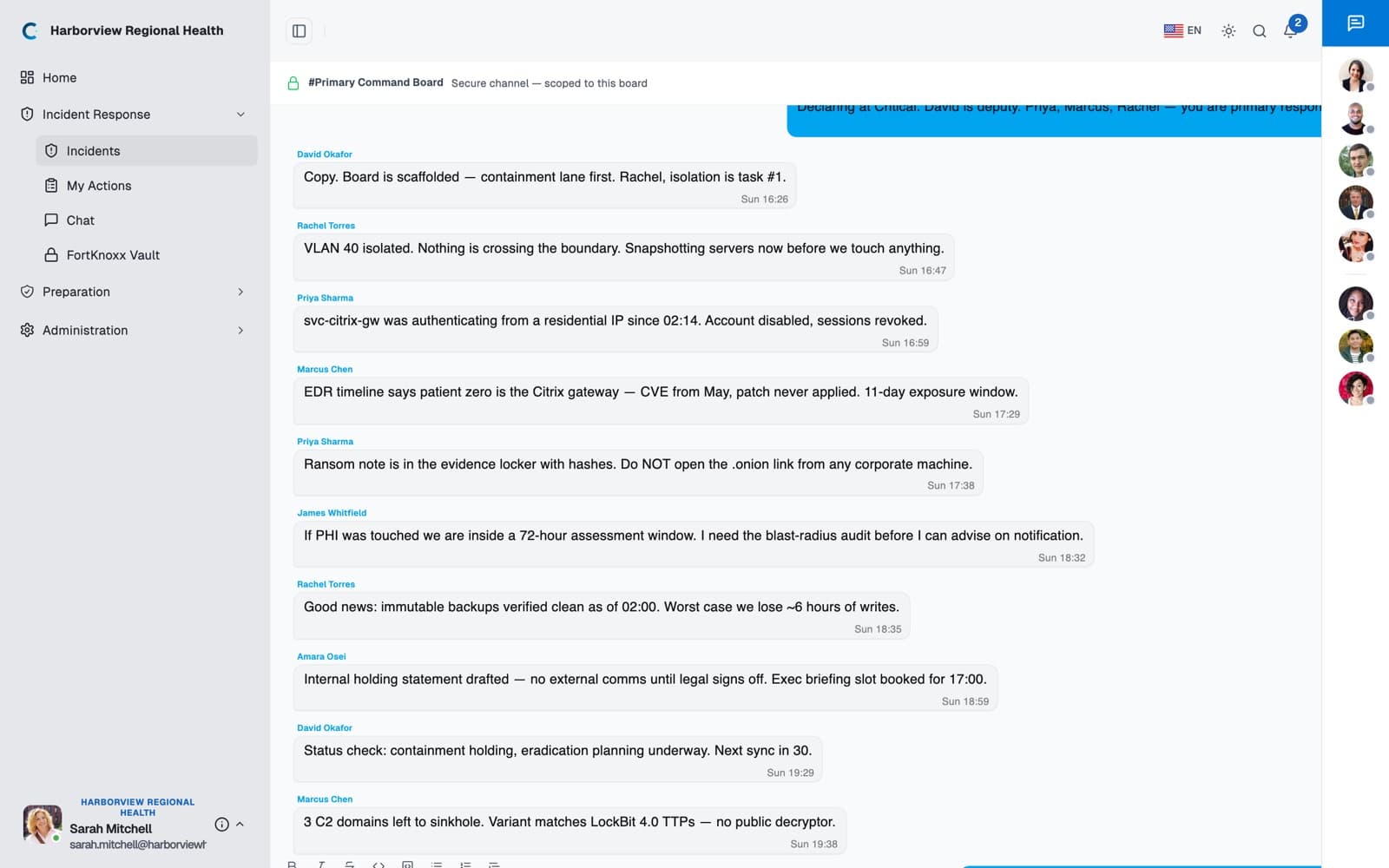 CyberGoBag war room: incident responders coordinating live in a board's secure chat during a ransomware incident